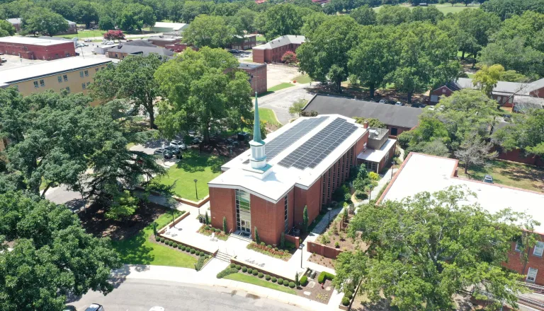 Aerial of the Dix Park Chapel with solar panels on the roof