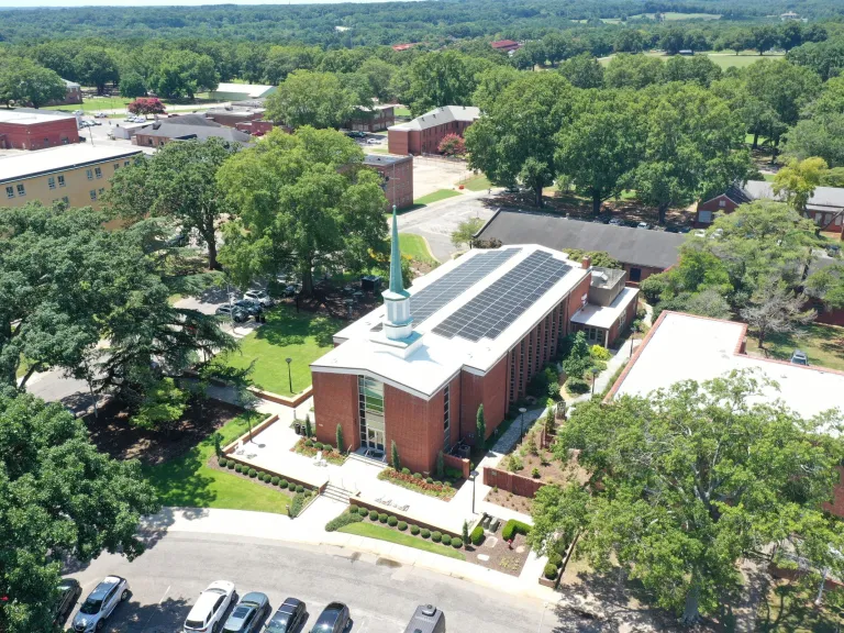 Aerial of the Dix Park Chapel with solar panels on the roof